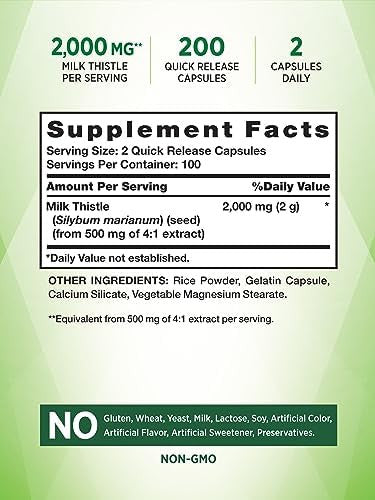 Nature'S Truth Milk Thistle 2000Mg 200 Capsules Non-Gmo And Gluten Seed Extract Supplement Silymarin Marianum