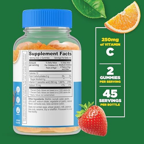 Lifeable Sugar Vitamin C For Kids " 250 Mg " Great Tasting Natural Flavor Gummy Supplement " Vegetarian Gmo Chewable Vitamin " For Immune Support " For Children " 90 Gummies