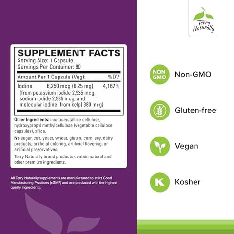 Terry Naturally Triiodine Support Thyroid Health Aids Hormone Balance With Molecular Iodine From Kelp Features Potassium Iodide & Sodium Iodide Brain & Energy Support 6.25Mg 90 Capsules
