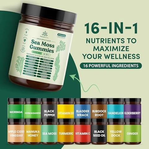 Natural Rems Sea Moss Gummies 16in1 Ashwagandha Black Seed Oil Bladder Wrack Turmeric Vitamin C and D3 with Manuka Burdock Root Dandelion Yellow Dock Elderberry Apple Cider Vinegar (Green Apple)