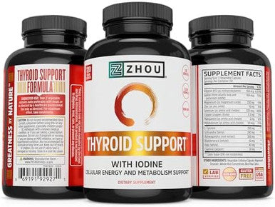 Zhou Thyroid Support Complex With Iodine Supplement, Increase Energy, Fight Brain Fog With Vitamin B12, Iodine, Magnesium, Zinc, Selenium, No Soy, Gluten-Free, 30 Servings, 60 Caps
