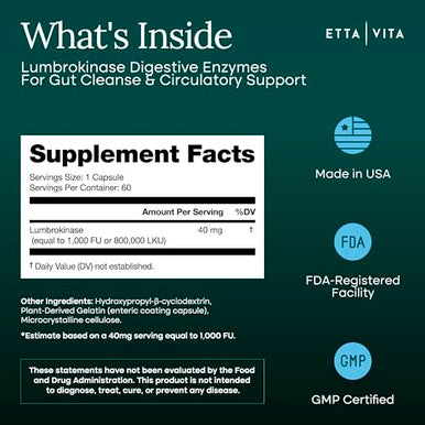 Etta Vita Potent Lumbrokinase Supplement 40Mg/Serving (Max Activity - 800000 Units) - Lumbrokinase Enzymes Capsules For Energy Support Digestion Detox Cognition & Gut Health - Similar To Nattokinase