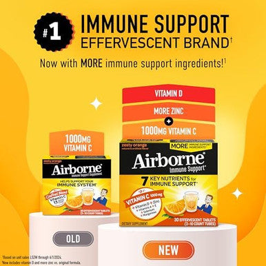 Airborne 1000Mg Vitamin C With Vitamin D & Zinc, Sugar Multivitamin Immune Support Supplement, Antioxidants Vitamins A C & Vitamin E, 30 Effervescent Tablets, Very Berry Flavor