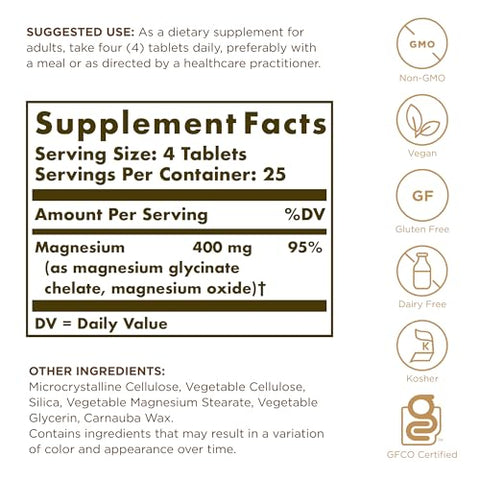 Solgar Chelated Magnesium - 100 Tablets - Supports Nerve & Muscle Function - Non-Gmo Vegan Gluten Free Dairy Free Kosher 25 Servings