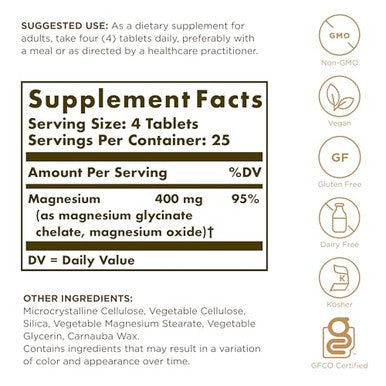 Solgar Chelated Magnesium - 100 Tablets - Supports Nerve & Muscle Function - Non-Gmo Vegan Gluten Free Dairy Free Kosher 25 Servings