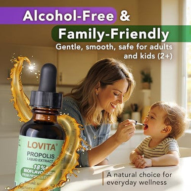 LOVITA Bee Propolis Liquid Extract 30 Day Supply 5:1 Resin Drops with 18% Bioflavonoids Alcohol Free Antioxidant Immune Support and Throat Soothing Gluten Free Non GMO