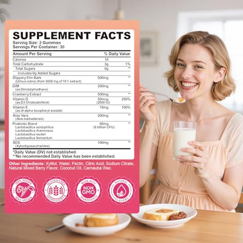 Sept Yan Feminine Probiotic Slippery Elm Gummies With Dim Cranberry Aloe Vera Vitamin D3 & E For Women Ph Balance Gut Health & Immune System Promote Vaginal Health For Women Mixed Berry Flavor 60 Counts