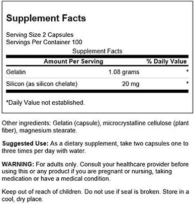 Swanson Gelatin and Silicon - Collagen Proteins Supporting Healthy Hair and Nails - Helps Deliver Vital Minerals for Strong Nails and Thick Hair - 20mg Silicon and 1.08 Grams Gelatin - (200 Capsules)