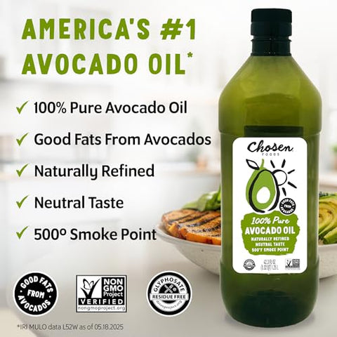 Chosen Foods 100% Pure Avocado Oil, Keto Diet Friendly, Kosher Oil for Baking, High-Heat Cooking, Frying, Homemade Sauces, Dressings and Marinades (1.25 liters)(42.3 fl oz)