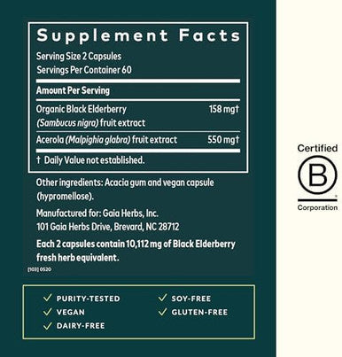 Gaia Herbs Black Elderberry - Daily Immune Support Supplement To Help Maintain Well-Being - With Black Elderberries And Acerola Fruit For Antioxidant Support - 60 Vegan Capsules (30-Day Supply)