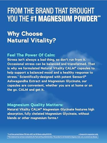 Natural Vitality Calm Ashwagandha + Magnesium Glycinate Capsules Support For Occasional Stress & Anxiety Gluten Supplement 90 Count