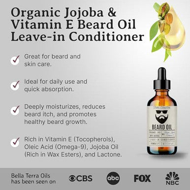 Bella Terra Oils - Beard Oil 4Oz - Crafted With Genuine Natural Organic Vitamin E Organic Jojoba & Argan Classic Anti-Friz Formula Elevating Beard Luster & Care