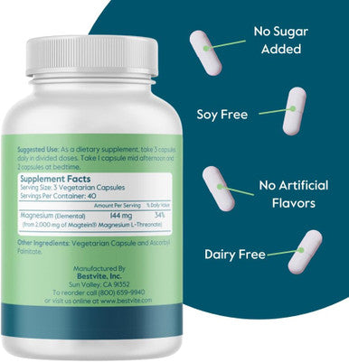 Bestvite Magtein Magnesium L-Threonate Capsules - 2000mg per Serving (120 Vegetarian Capsules) - Patented and Bioavailable Magnesium - No Stearates - No Fillers - Vegan - Non GMO - Gluten