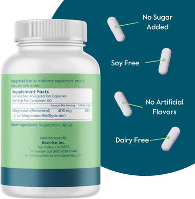 Bestvite Magnesium Glycinate - 400mg of Magnesium per Serving (240 Vegetarian Capsules) - No Stearates - No Silicon Dioxide - Vegan - Non GMO - Gluten