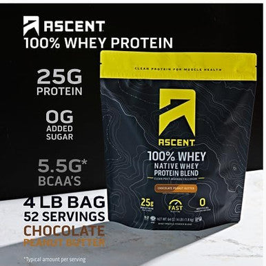 Ascent 100% Whey Protein Powder, Chocolate Peanut Butter 4 Lb & Creatine Monohydrate Powder, Unflavored 45 Servings