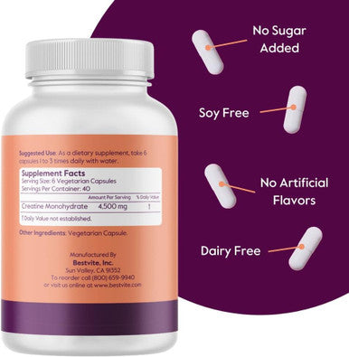 Bestvite Creatine Monohydrate 750mg (240 Vegetarian Capsules) - Micronized - No Stearates - Vegan - Non GMO - No Gelatin - Gluten - Creatine Capsules
