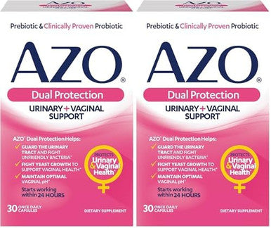 Azo Dual Protection Urinary + Vaginal Support Prebiotics And Probiotics For Women Starts Working Within 24 Hours Nongmo 30 Count