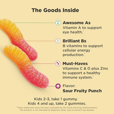 Olly Kids Multivitamin Gummy Worms Overall Health And Immune Support Vitamins And Minerals A C D E Bs And Zinc Chewable Supplement Sour Fruit Punch 45 Day Supply (70 Count)