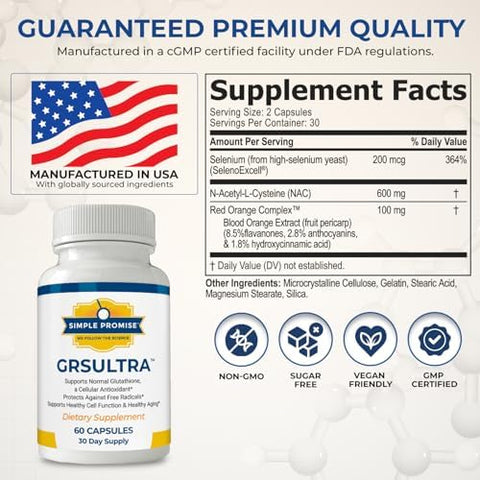 Simple Promise Grs Ultra - Glutathione Supplement With Nac 600Mg N-Acetyl Cysteine Selenium 200Mcg & Red Orange Complex - Antioxidant & Cellular Support For Men & Women - 30 Days Supply