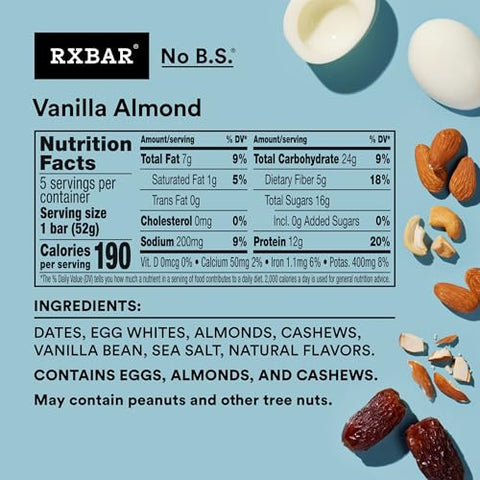 RXBAR Protein Bars, 12g Protein, Gluten Free Snacks, Vanilla Almond, 9.15oz (5 Bars)
