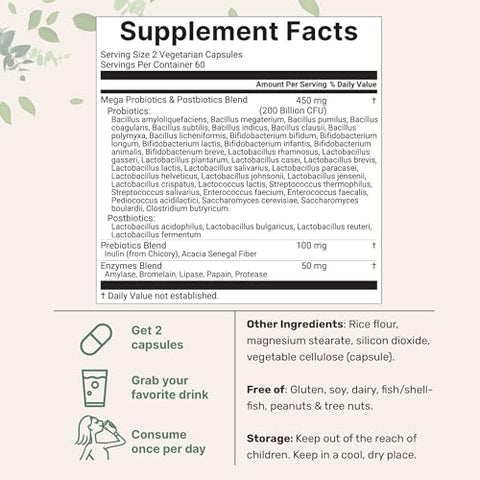 Micro Ingredients Probiotics 200 Billion Cfu 120 Veggie Capsules Mega Probiotics For Men & Women 40 Strains With Prebiotics Postbiotics & Digestive Enzymes Gut Immune & Digestive Health