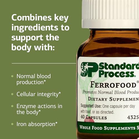 Standard Process Ferrofood Iron Supplement to Support Normal Blood Production Aid Iron Absorption with Vitamin C Health Supplement with Alfalfa Spanish Moss Vitamin B12 and More 40 Capsules