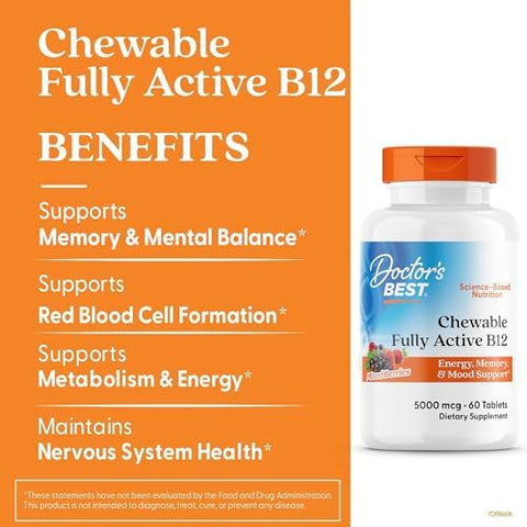 DoctorS Best Chewable Vitamin B12 Methylcobalamin For Men and Women Vitamin B 12 5000 Mcg Vit B12 Supplement Vegan Gluten Non Gmo Fully Active Mixed Berries Flavor 60 Tablets
