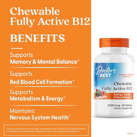 Doctor'S Best Chewable Vitamin B12 Methylcobalamin For Men & Women - Vitamin B 12 5000 Mcg Vit B-12 Supplement Vegan Gluten Free Non Gmo Fully Active Mixed Berries Flavor 60 Tablets