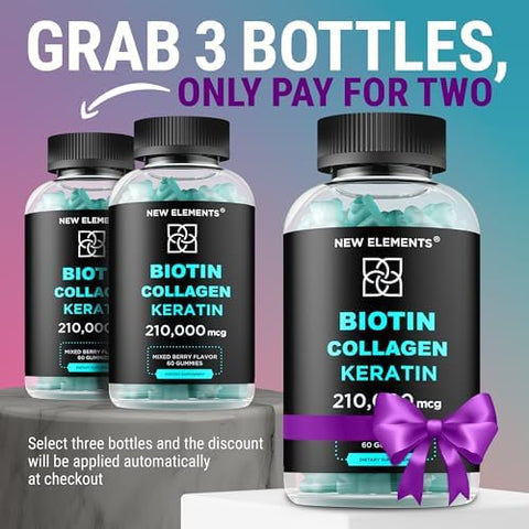 Elements Biotin Gummies With Keratin & Collagen Peptides - Advanced Supplement For Hair Growth Treatment For Men & Women Hair Skin And Nails Vitamins Biotin 10000Mcg Keratin 100000Mcg Collagen 100000Mcg