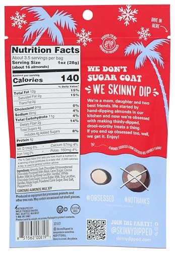 SkinnyDipped Dark Chocolate Peppermint Almonds, Healthy Snack, Plant Protein, Gluten Free, 3.5 oz Resealable Bag, Pack of 1