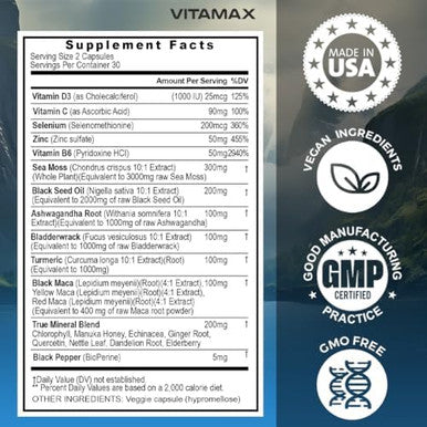 Sea Moss 3000Mg Maca 1000Mg Black Seed Oil 2000Mg Ashwagandha 1000Mg Bladderwrack, Turmeric - Manuka, Elderberry, Vitamins C & D3, Chlorophyll, Zinc, Black Pepper - Made In Usa (60 Count (Pack Of 1)