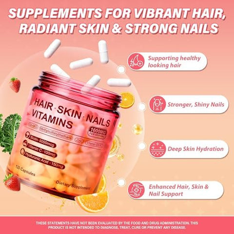 Hair Skin and Nails Vitamins Biotin Hyaluronic Acid Calcium AKG Vitamin C and Vitamin D3 K2 Support Healthy Hair Growth Strong Nails and Radiant Skin 120 Capsules (1 Pack)
