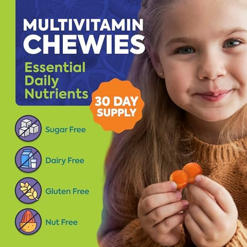 OmegaVia Sugar Free Kids Multivitamin Chewies Daily Chewable Gummy Vitamins for Kids 3+ Vitamin A C D3 E B6 and B12 Folate and More Natural Orange Flavor 30 Count