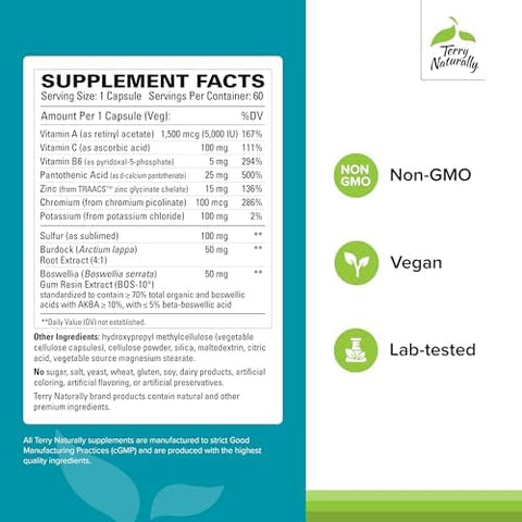 Terry Naturally Acne Essentials Skin Support Supplement For Clear Skin Supplement With Vitamins A C & Zinc Skincare Supplement For Occasional Acne 60 Capsules (60 Servings)