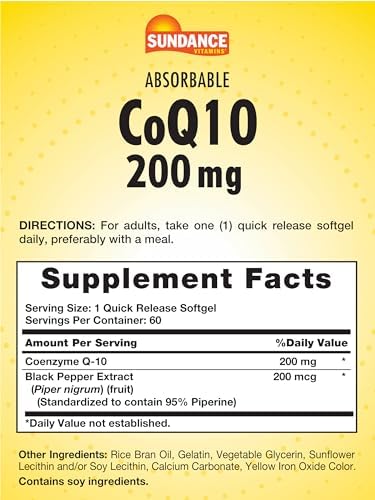Sundance Coq10 200Mg Softgels 60 Count With Black Pepper Extract Nongmo & Gluten Supplement