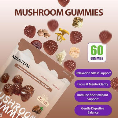 Missyum Mushroom Gummies 10 In 1 Adaptogenic Blend Vegan Coffee Flavor Lion's Mane 60 Count
