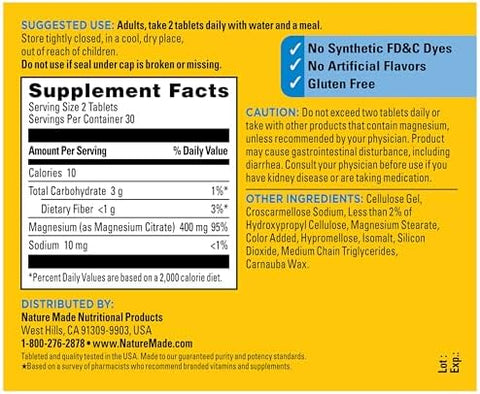 Nature Made Extra Strength Dosage Magnesium Citrate Tablets High Absorption Magnesium Citrate 400Mg Per Serving Bone And Muscle Support 60 Tablets 30 Day Supply