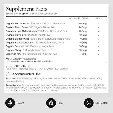ACEWORKZ Restore Sea Moss Complex Supplement 12000mg Organic Herbal Formula for Gut Immune and Stress Support with Ashwagandha Black Seed Oil and BioPerine for Enhanced Absorption (60 Capsules)