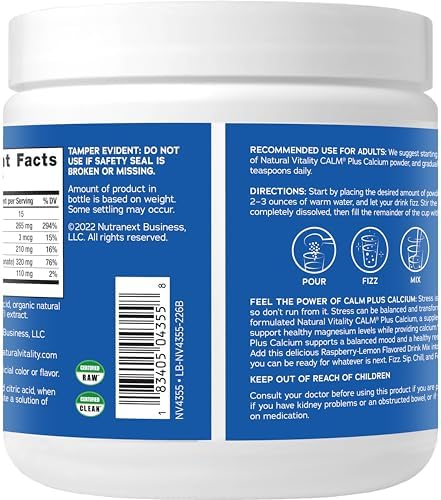 Natural Vitality CALM Magnesium Supplement Drink Mix Plus Calcium AntiStress Drink Mix Powder With Calcium Vegetarian and NonGMO Raspberry Lemon 8 oz