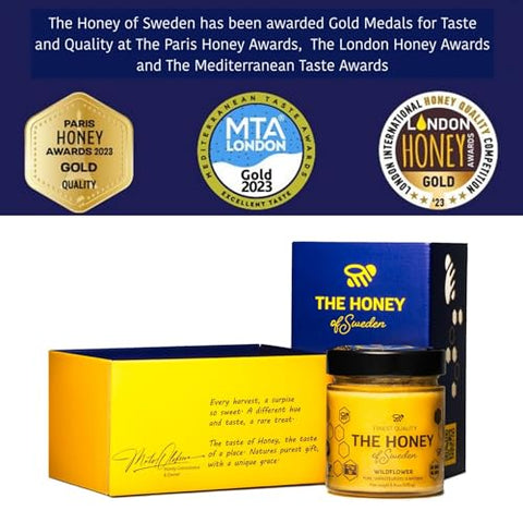 THE HONEY OF SWEDEN Pure Raw & Creamy Wildflower Unpasteurized Swedish Gourmet Honey, Award-winning Quality and Taste, Traceable from Our Hives to Your Table, Glass Jar 8.8oz (250g)