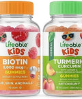 Lifeable Biotin Kids + Turmeric Curcumin Kids Gummies Bundle Great Tasting Vitamin Supplement Gluten Gmo Chewable Gummy