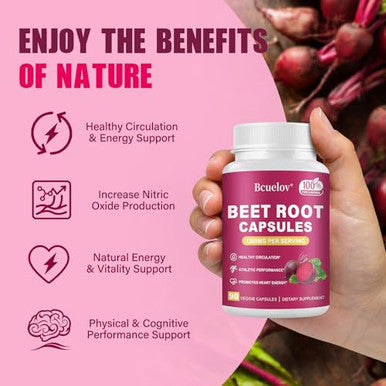 Bcuelov Beet Root Capsules | 1300Mg Pure Beetroot Powder Capsules Supports Blood Pressure Natural Energy & Endurance - 90 Capsules 45 Days Supply