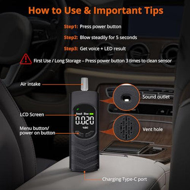 Proster Dual-Sensor Portable Breathalyzer With Voice Prompts & 20 Mouthpieces - Rechargeable Digital Alcohol Tester Professional Accuracy Fast 4-Second Results For Personal & Workplace Use
