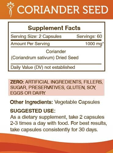 Secrets of the Tribe Coriander Seed 120 Capsules, 1000 mg, Coriander Seed (Coriandrum sativum) Dried Seed (120 Capsules)