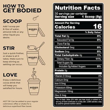 Bodied Fiber Cocoa Prebiotic - Chocolate Flavored - Boost Glp-1, Psyllium Husk, Solnul, Gut Health, Digestion & Immunity, Zero Added Sugar, Keto, Paleo Fasting Friendly 30 Servings.