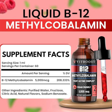 Vitboost Vegan Liquid B-12 Drops 60 X 5000 Mcg Extra Strength Raspberry Flavored Vitamin B12 Liquid Methylcobalamin Sublingual Supplement | Designed To Maximize Absorption & Energy | Gluten Free