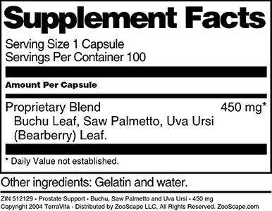 Terravita Prostate Support - Buchu, Saw Palmetto And Uva Ursi - 450 Mg (100 Capsules, Zin: 512129) - 2 Pack