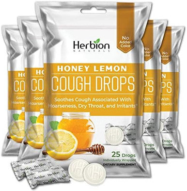 Herbion Naturals Cough Drops With Honey Lemon Flavor Dietary Supplement Soothes Cough For Adults And Children Over 6 Yearspack Of 5 (125 Lozenges)