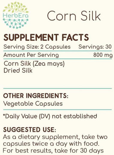 HerbEra Corn Silk 60 Capsules, 400 mg, Corn Silk (Zea Mays) Dried Silk (60 Capsules)