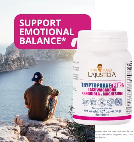 Ana MaraA Lajusticia Tryptophane Plus Ashwagandha Supplement + Rhodiola & Magnesium 60 Tabs Vegan Gluten Kosher Halal Lactose 600 Mg Support Strees Relief Energy And Sleep.